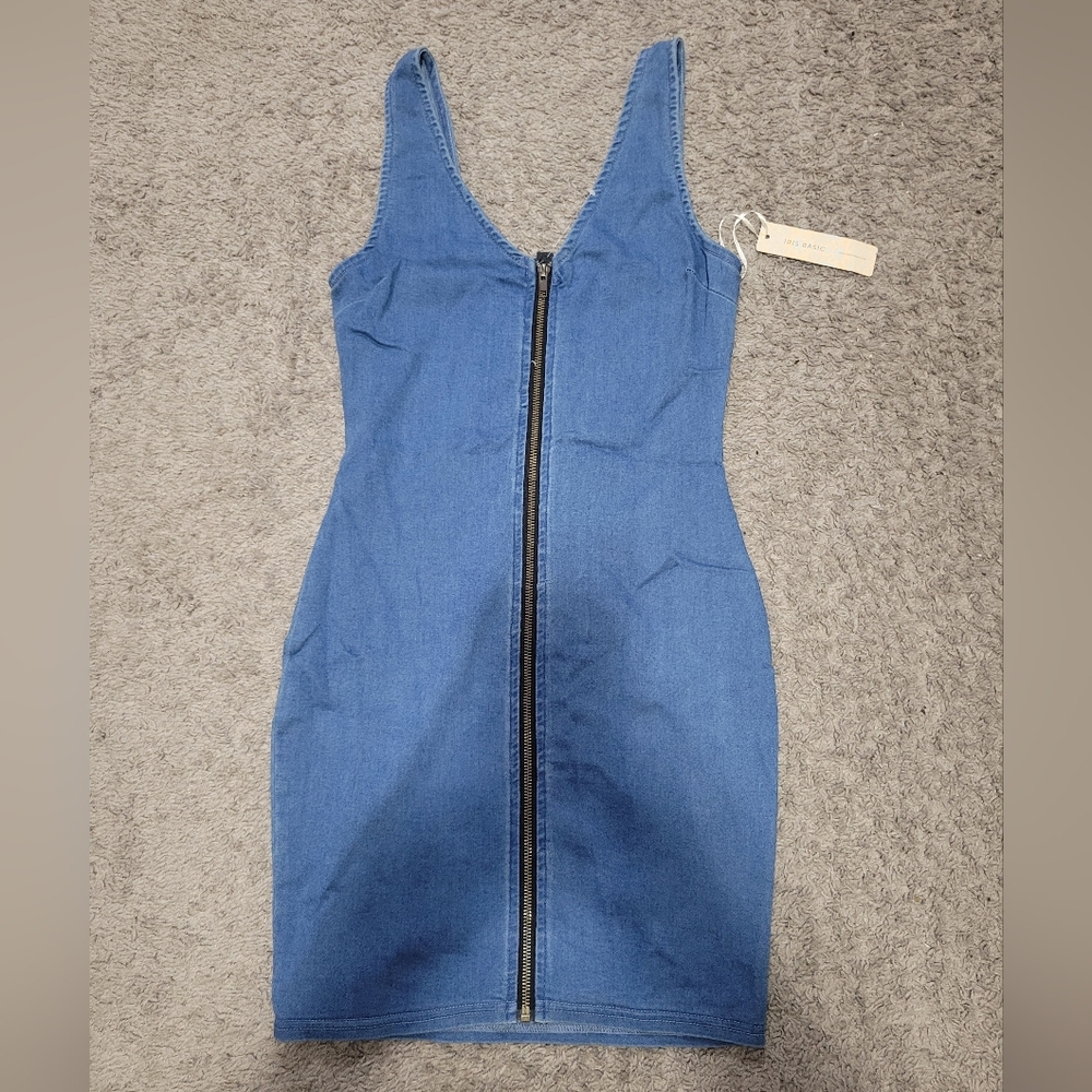 Denim Blue Zip-Front Bodycon Dress